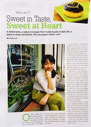 J-Schooler Yiqing Luo pictured in a magazine article that she also wrote for ECS Media, on getaways in Kathmandu.